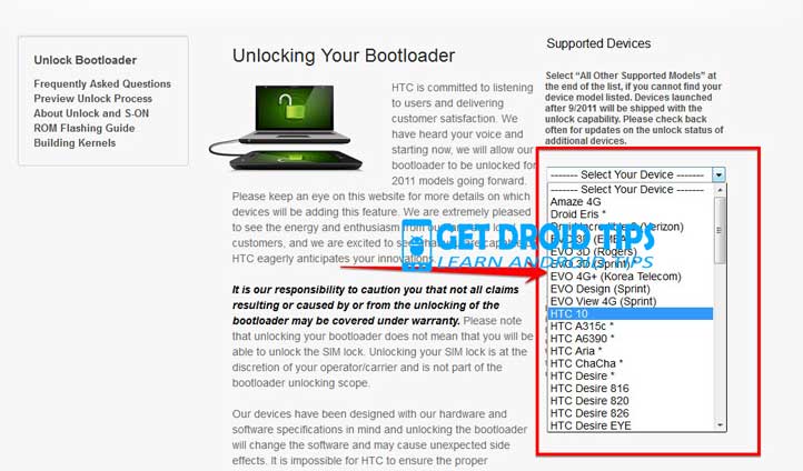 Unlock Bootloader HTC Website