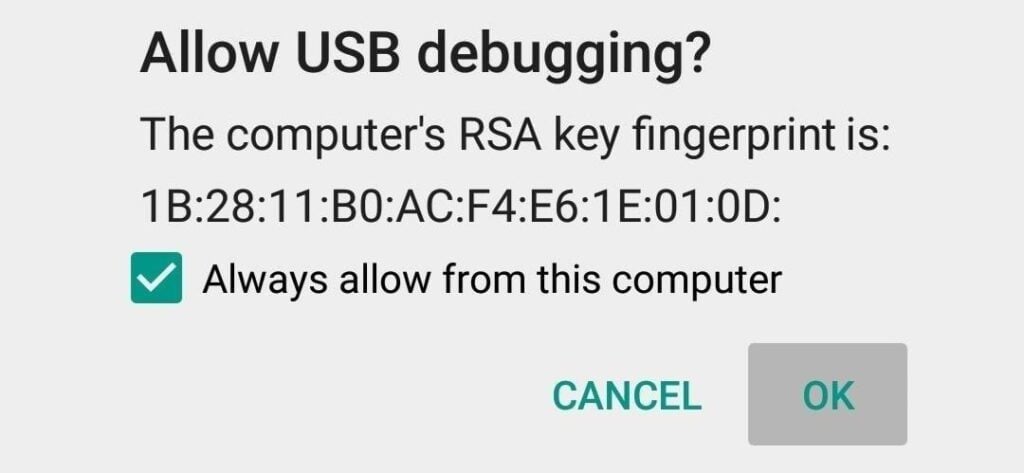 pop up to allow USB Debugging 