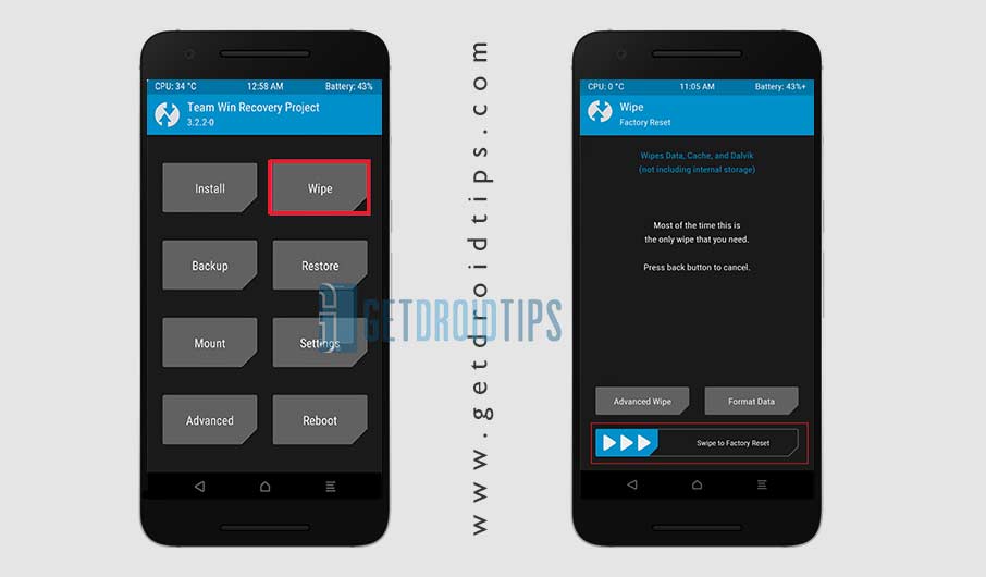 TWRP Wipe System Data and Cache Screenshot