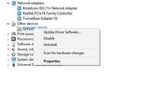 Right-Click on the QHSUSB_BULK and select Update Driver Software