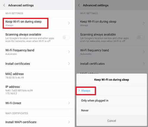 wifi always on Xiaomi