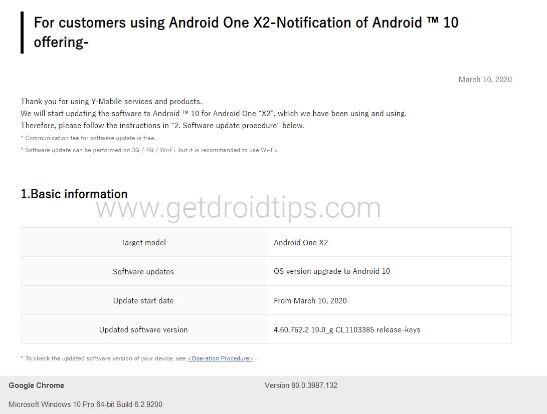 Android One X2-Notification of Android ™ 10 offering