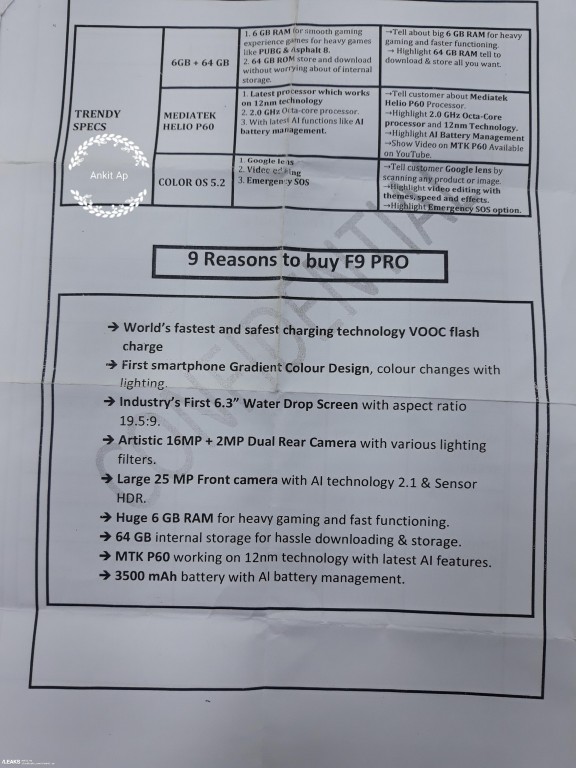 Oppo F9 Pro sales pitch leaked 2