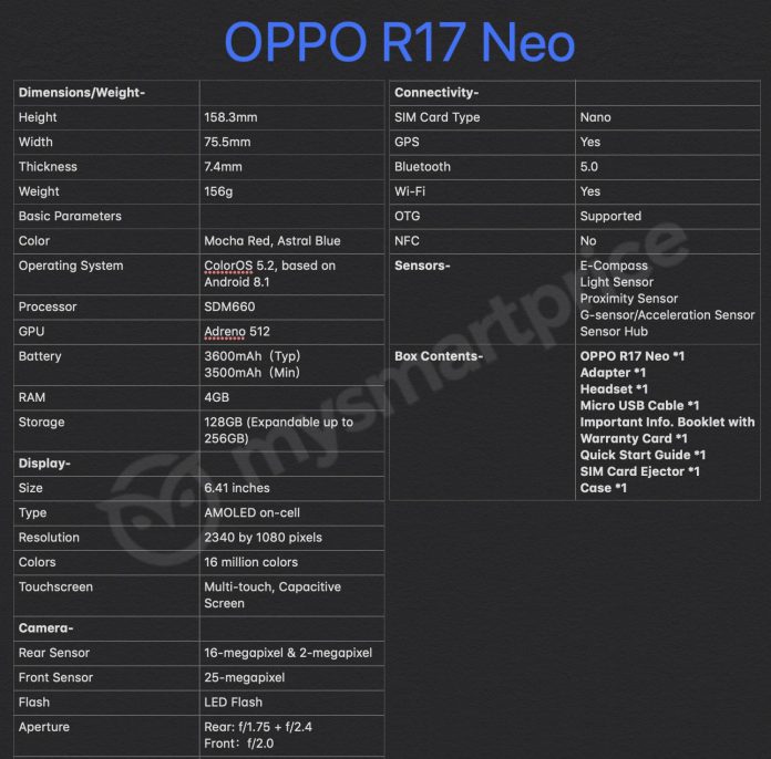 Oppo R17 Neo specs leaked online, announce may soon