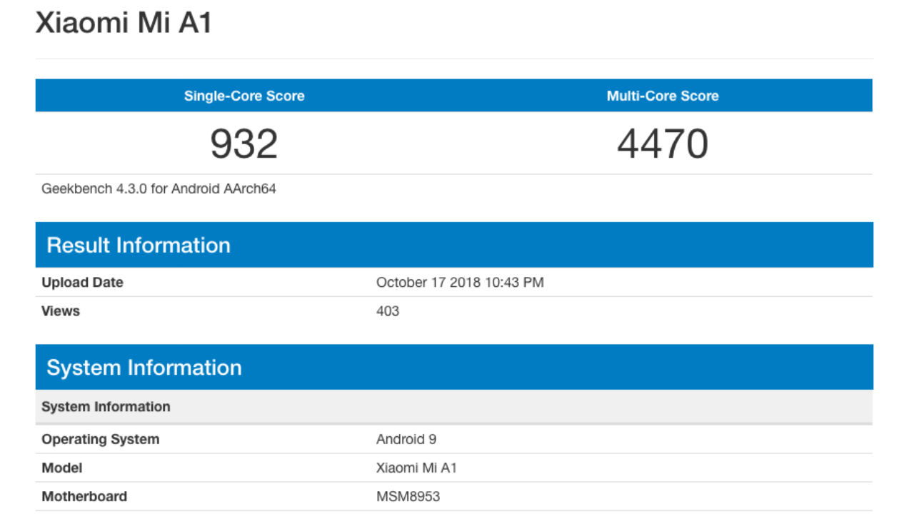 Xiaomi Mi A1 receive Android 9.0 Pie update soon, spotted on GeekBench