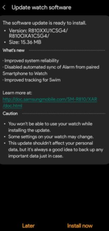 R810XXU1CSG4: Samsung Galaxy Watch update gets swim tracking improvement, alarm sync disables