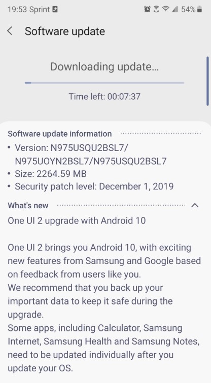 Android 10 with One UI 2.0 update for Sprint Galaxy Note 10