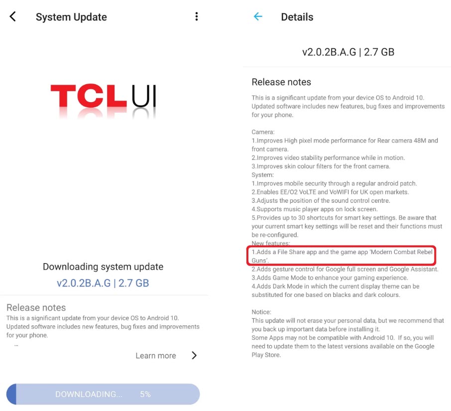 TCL Plex Android 10 update