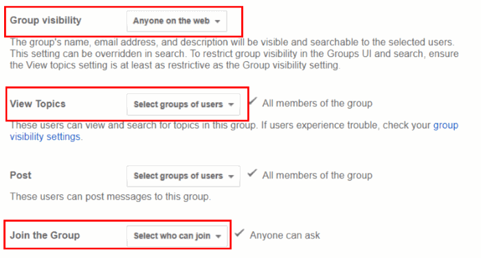 set google forums permissions and settings