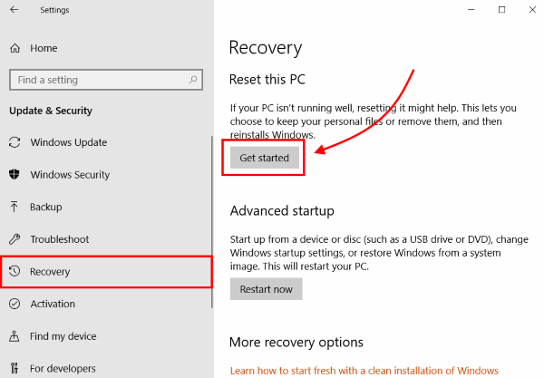 доступ к настройке восстановления Windows