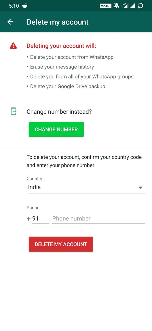 WhatsApp Account deletion