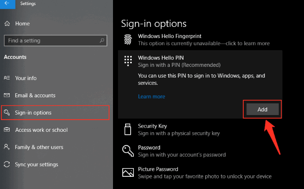 create windows hello pin directly from settings
