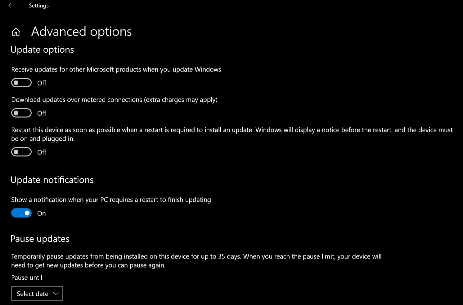 Windows 10 Update Advanced Options