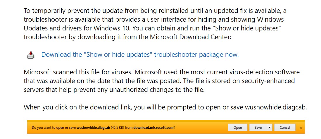 Пропустить Центр обновления Windows с помощью Показать или Скрыть обновления