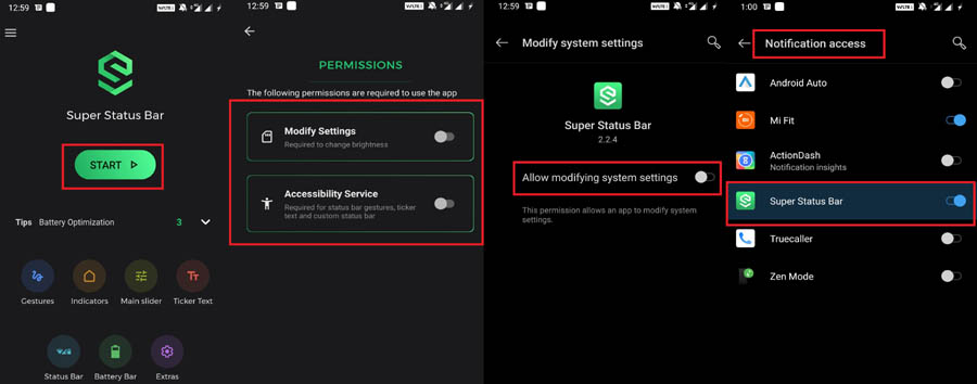 Строка состояния устройства Android, изменяющая приложение