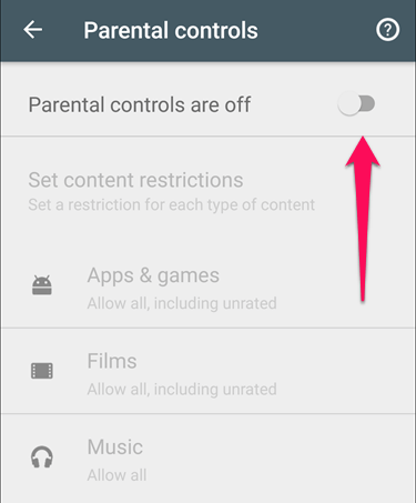 parental controls settings on play store