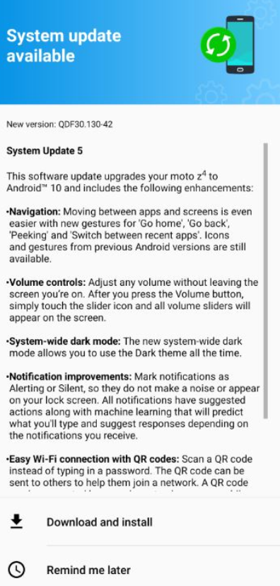 Download Verizon Moto Z4 Android 10 Update: QDF30.130-42