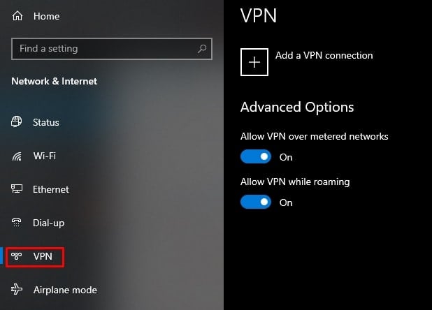 Windows 10 VPN settings