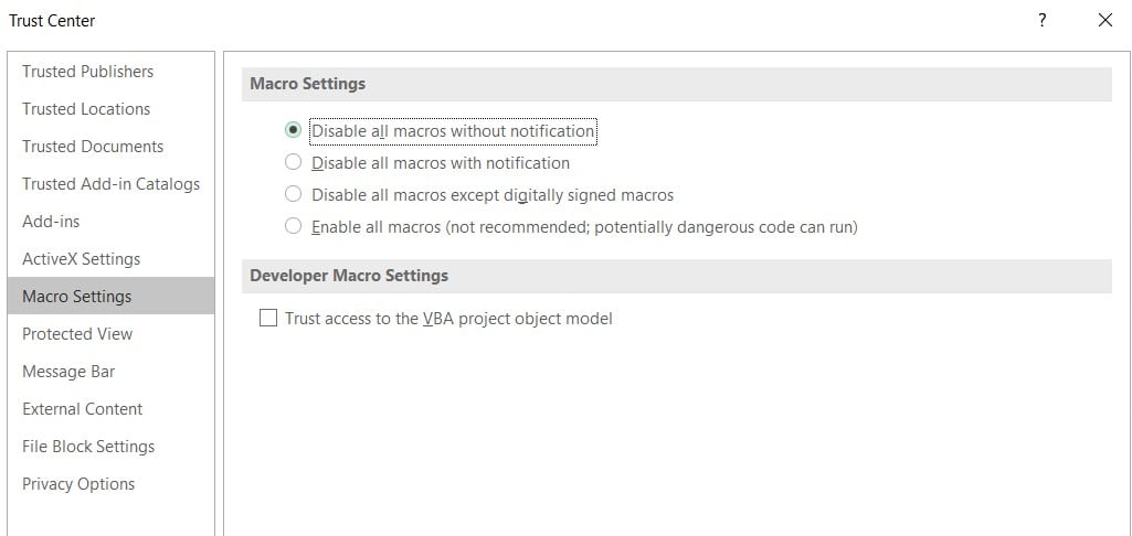 disable macro fix excel issue