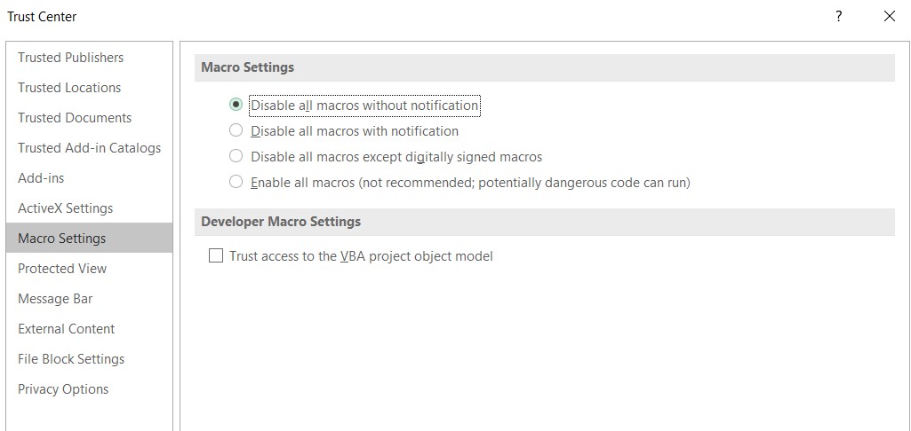 disable macro fix excel issue