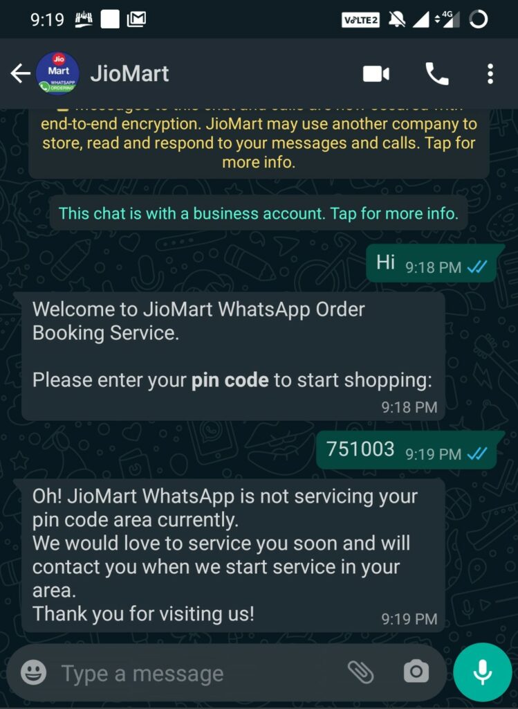 order online from JioMart not supported