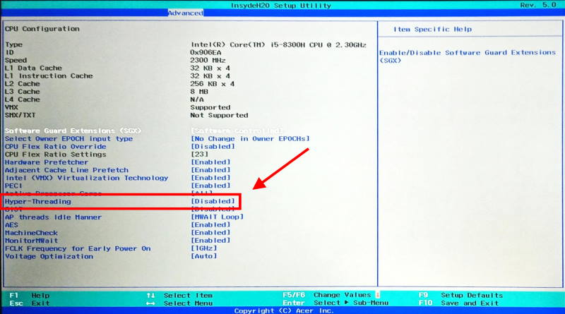 enable hyperthreading on bios windows 10