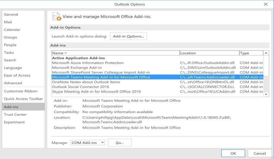 microsoft teams meeting add in for outlook not loading