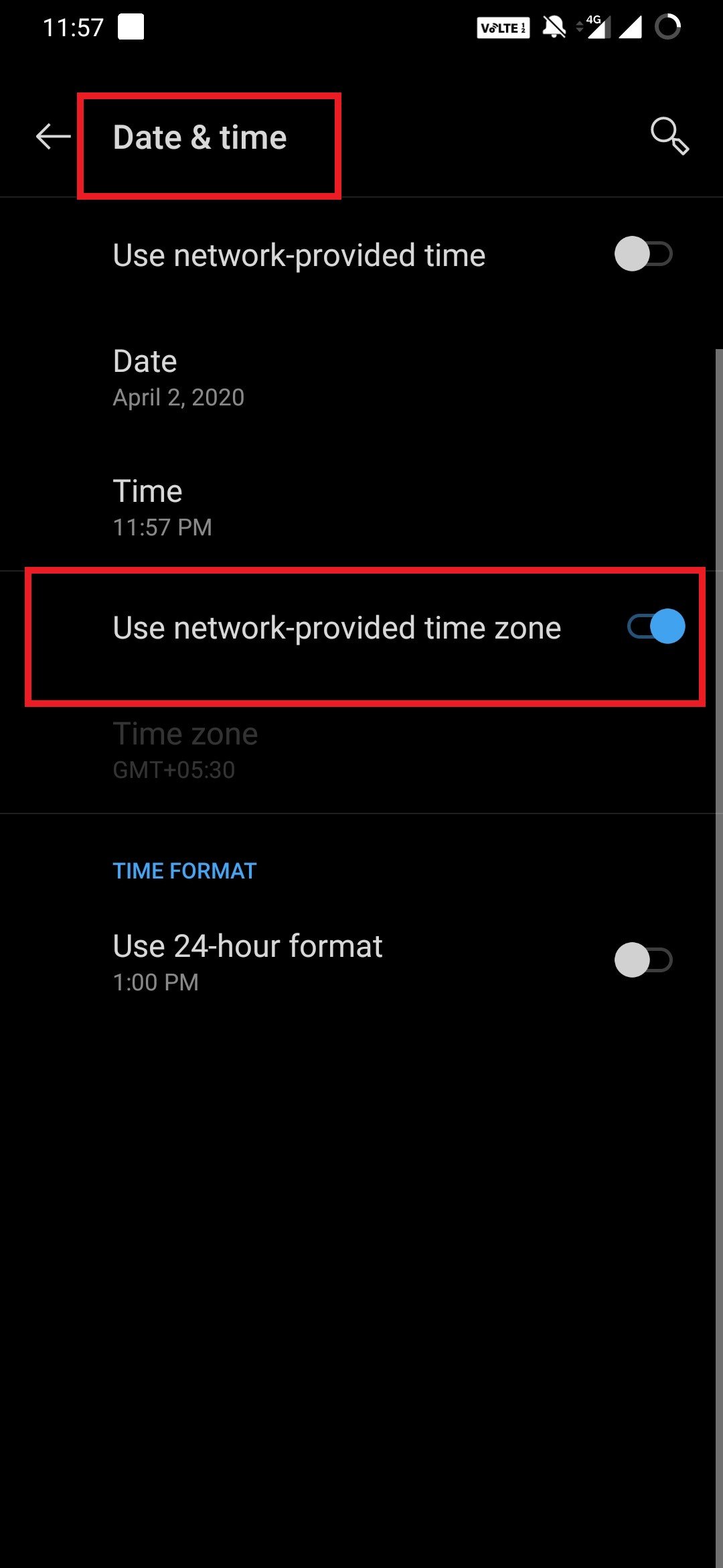 Set network provided timezone