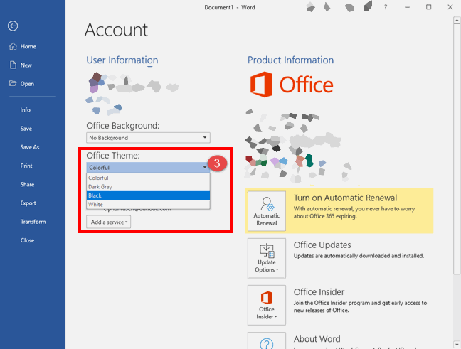 Enable Dark Mode in Microsoft Office settings