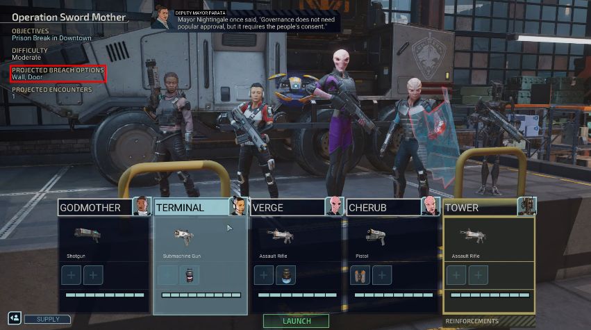 Snap of the loadout screen and Breach Points in XCOM: Chimera Squad