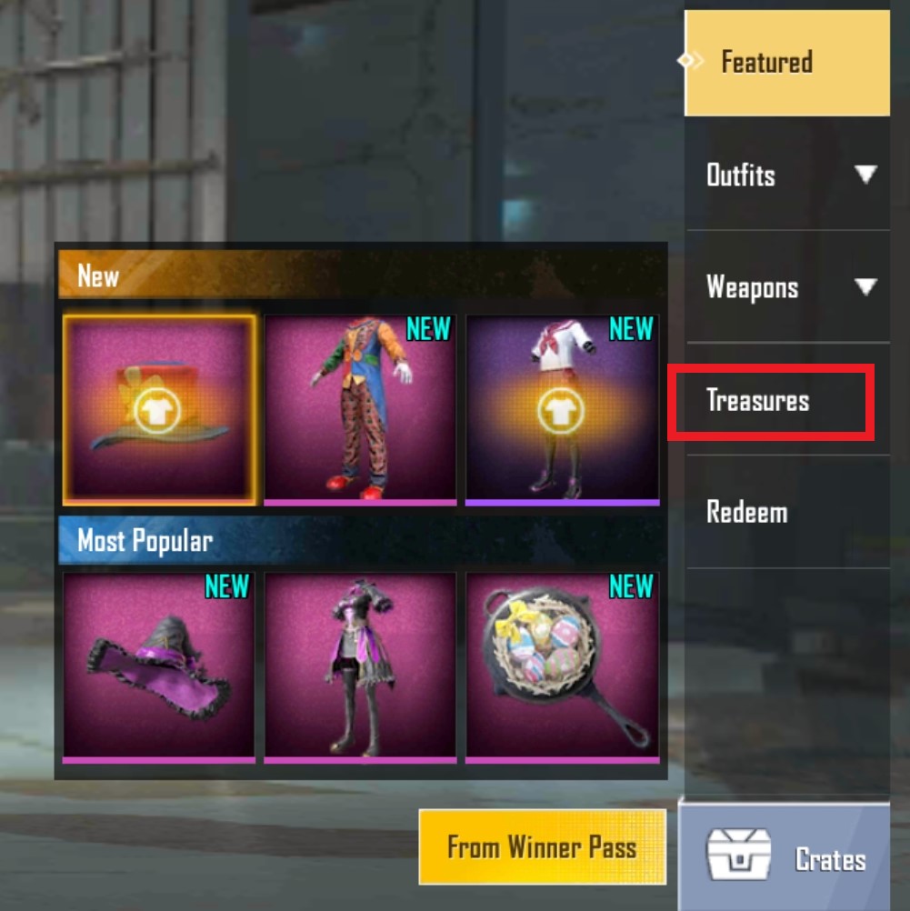 Treasures Section under PUBG Shop