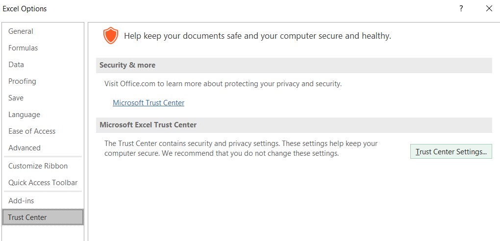 trust centre fix excel issue