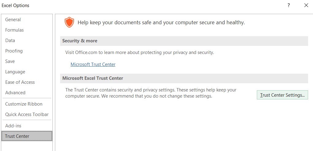 trust centre fix excel issue