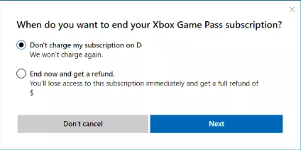 xbox game pass cancel options