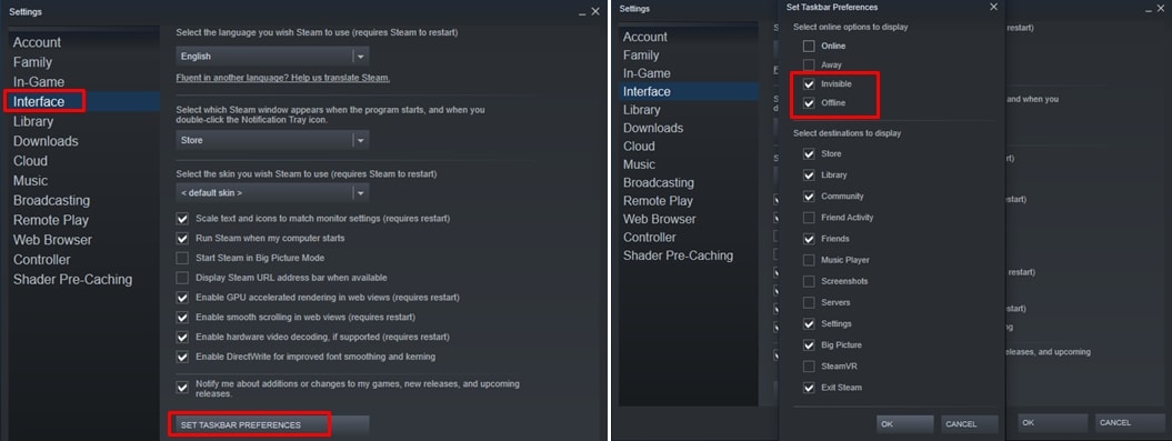 Steam taskbar settings