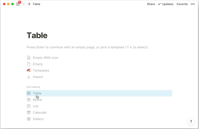 create a table in Notion