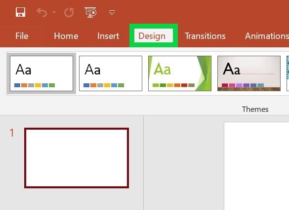 To change slide size on Powerpoint go to Design