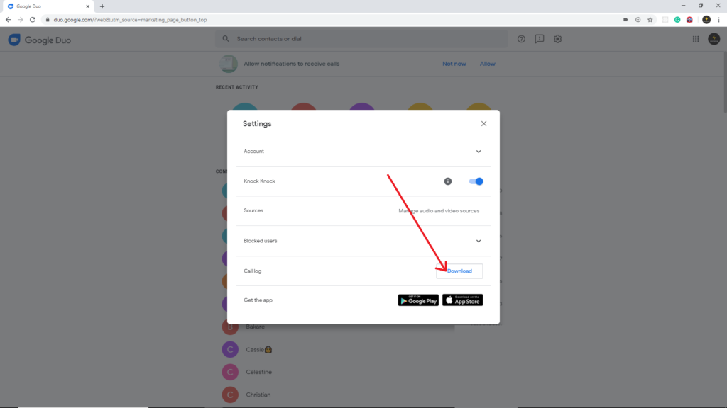 download call history on google duo web