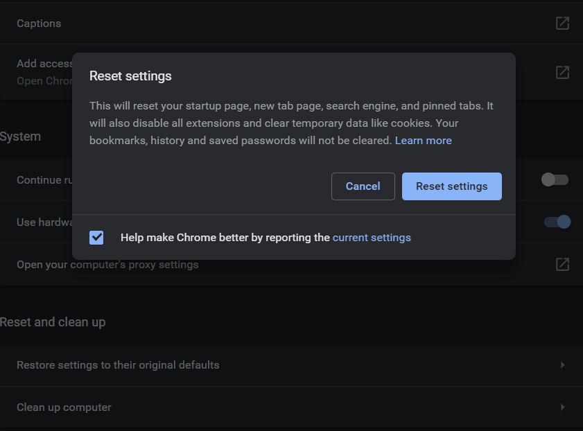 reset chrome settings