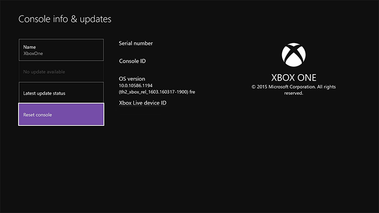 reset xbox one