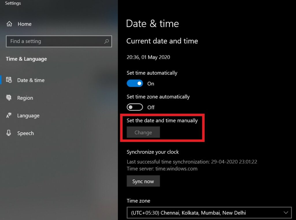 Установите время вручную, чтобы решить проблему с зависанием Netflix в Windows 10