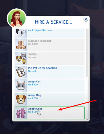 Choosing the option of Adopt a child in The Sims 4