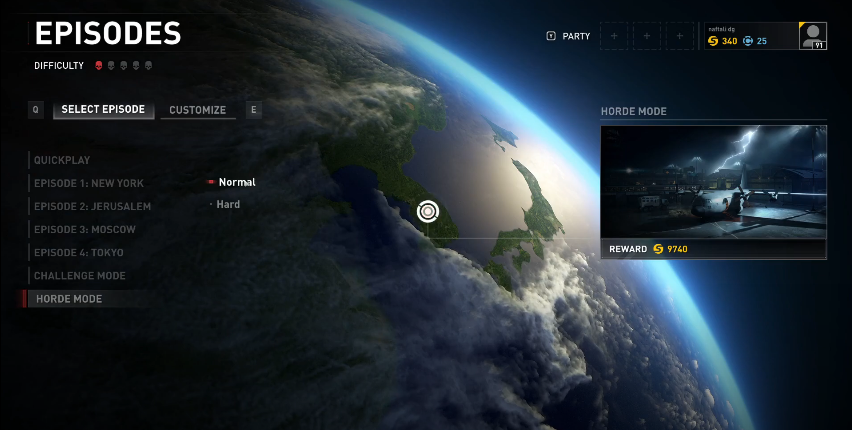 Choosing the Horde Mode difficulty level in World War Z