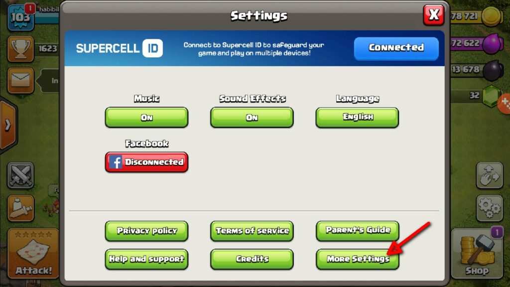 Clash of Clans settings screen