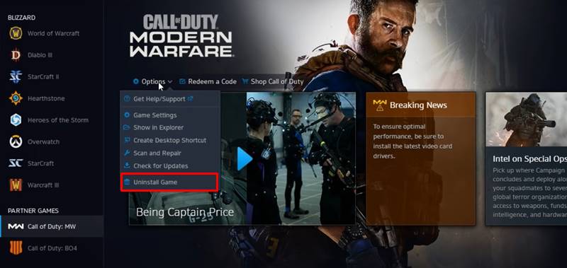 uninstall call of duty