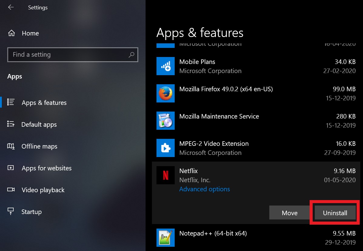 Uninstall Netflix to fix Netflix Freezing issue