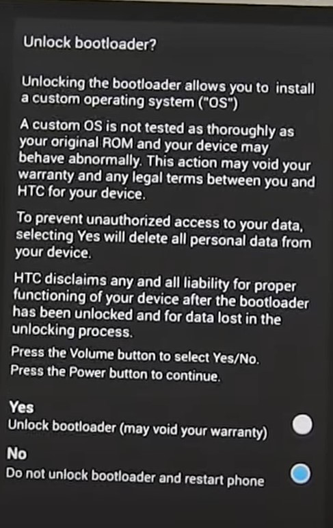 unlock bootloader message htc