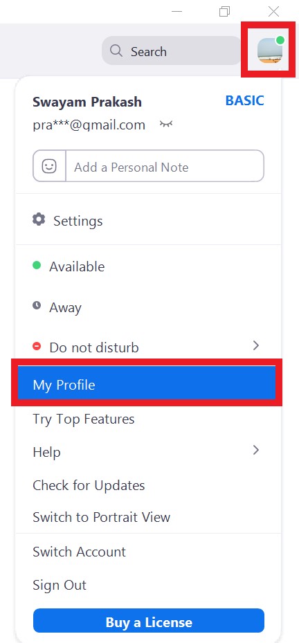 Go to My profile on Zoom Meeting for PC