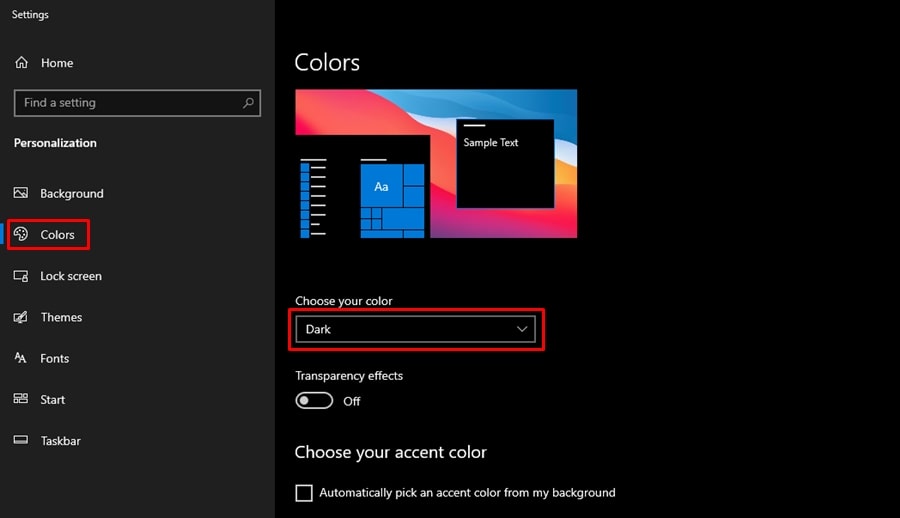 enable dark mode on Windows 10