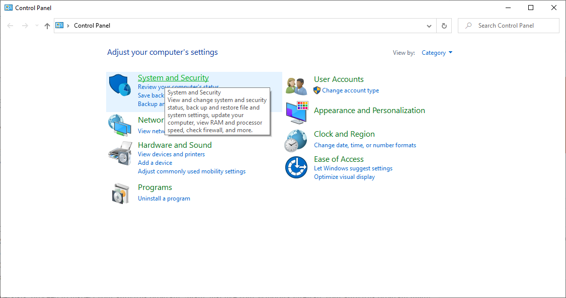 Windows Control Panel - System and Security